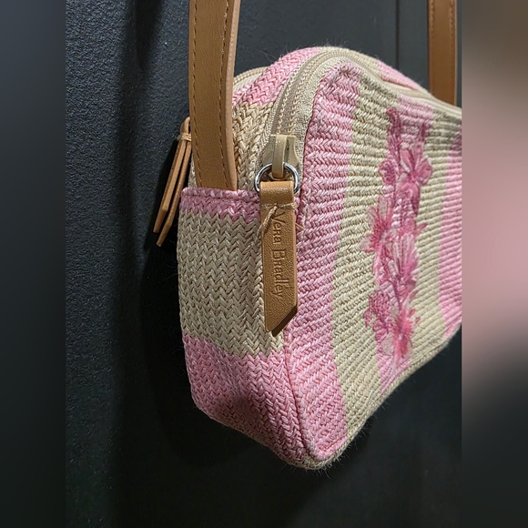 Vera Bradley Evie Crossbody Candy Pink Stripe Floral Morif Straw Handbag Purse - Picture 6 of 14